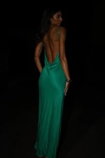 Green Satin Cowl Neck Backless Slip Dress with Adjustable Straps and Side Slit