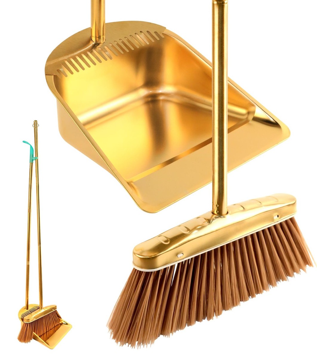 Gold Stainless Steel Broom and Dustpan Set, 2-Piece Long Handle