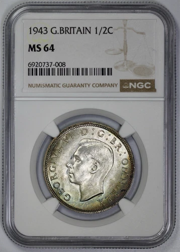 1943 Great Britain Silver 1/2c Half Crown NGC MS 64 Sea Toning