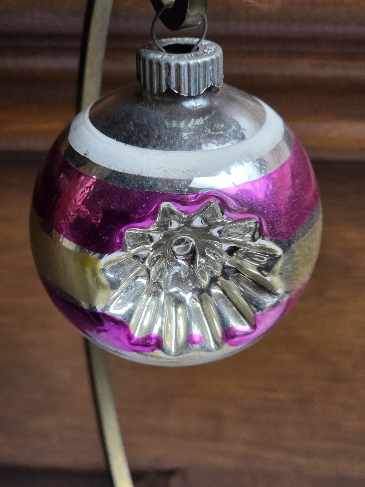 Vtg Shiny BRITE Pink Double Indent Stripe Mercury glass Ball Christmas ornament