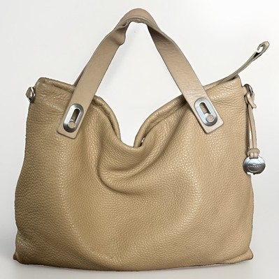 Skagen Mikkeline Satchel Camel Tan Silver Pebbled Leather Slouch Purse Bag