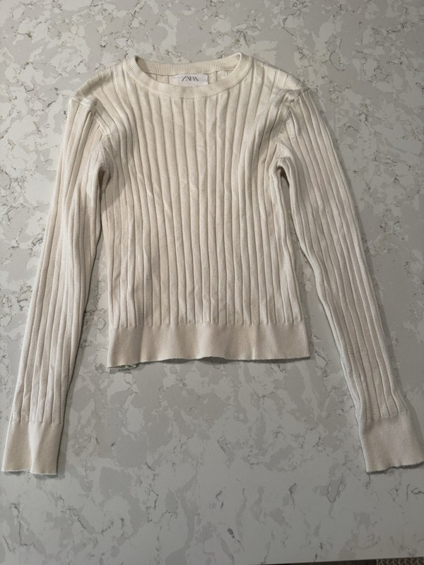 Zara Girls Ivory Ribbed Crew Neck Long Sleeve Casual Top Size 13-14 Years