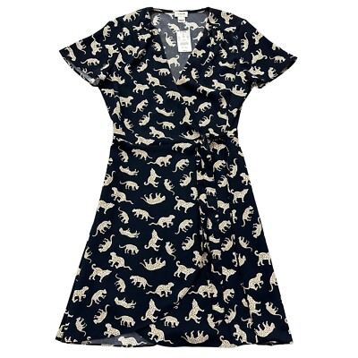J Crew Womens Size 2 Leopard Print Short Sleeve Wrap Knee Dress Navy Blue NWTS