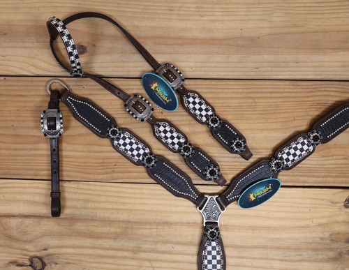 Western Headstall and Breast Collar Set -Black Alligator Print with Silver Studs - Picture 2 of 24