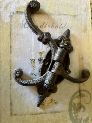 Victorian Swivel Pivot 3-Hook Fleur De Lis Cast Iron Coat Hat Purse Towel Hanger