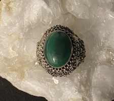 Ornate Green Malachite With Stars In Sterling Silver Setting 925 Ring Sz: 8