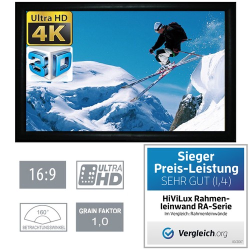 HiViLux® 84-138Zoll 16:9 & 21:9 Rahmen-Leinwand HiViWhite Cinema 1,0/8K/6cm ALU - Afbeelding 1 van 25