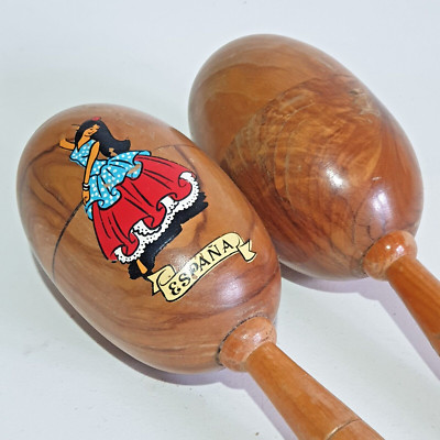Vintage Spanish Wooden Maracas with Flamenco Design - 21cm in Length