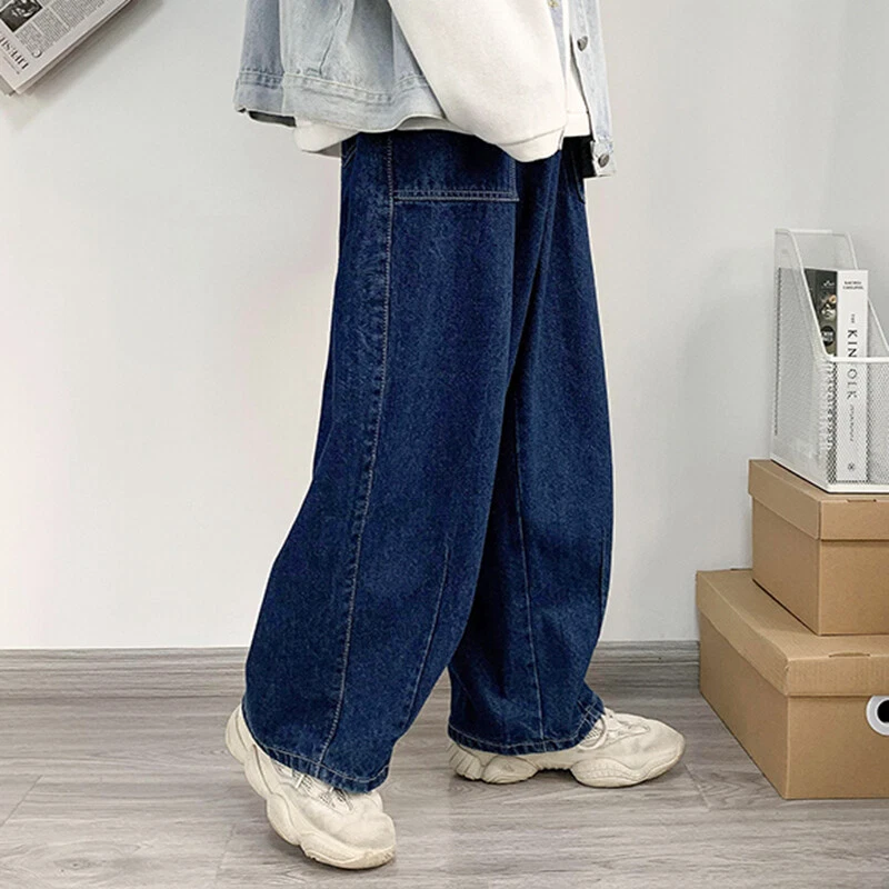 Casual Men Denim Boy Straight Leg Jeans Loose Trousers Hip Hop Retro Blue Pants