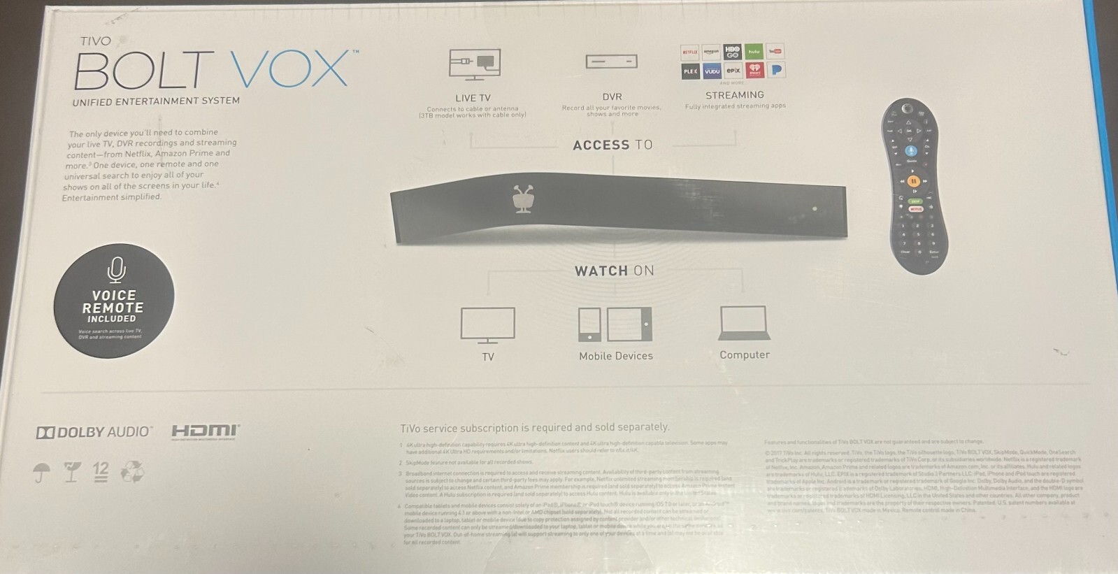 New TiVo Bolt VOX Cable/OTA Antenna AllinOne Live TV Streaming Device