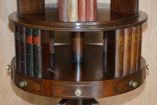 RESTORED REGENCY CIRCA 1810 REVOLVING MAHOGANY LIBRARY BOOKCASE WITH FAUX BOOKS - Picture 10 of 12