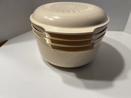 Vtg Tupperware Microwave Stack Almond 4 Piece Cooking Set 1 Qt, 13/4 Qt, 3 Qt - Zdjęcie 4 z 14