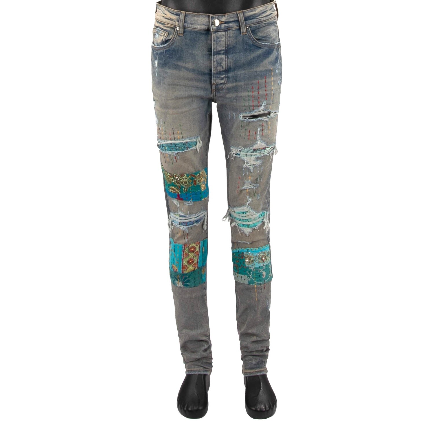 AMIRI Quilted Artpatch Skinny Stretch Jeans Pants Patchwork Applics Indigo Blue