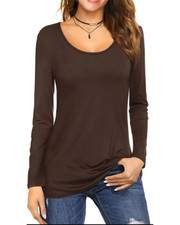 Women's Ladies Long Sleeve Round Scoop Neck Plain Fitted T-Shirt Top Sizes 6- 24