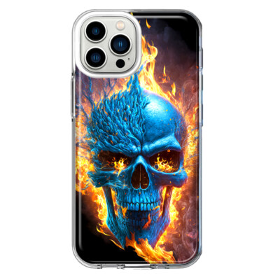 For Apple iPhone 13 Pro Max Shockproof Hybrid Case, Blue Flaming Fire Skull