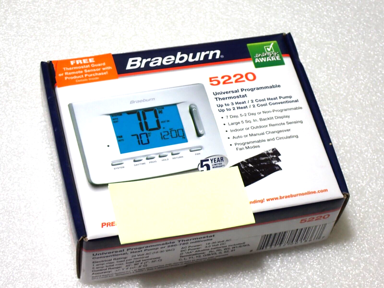 Braeburn 5220 3H 2C Universal Programmable Thermostat NEW