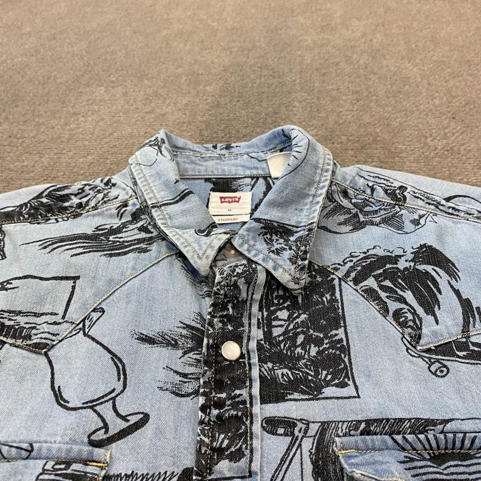 Levis 衬衫男式中号蓝色黑色西部珍珠扣牛仔冲浪者印花休闲 — 第 3/4 张图片