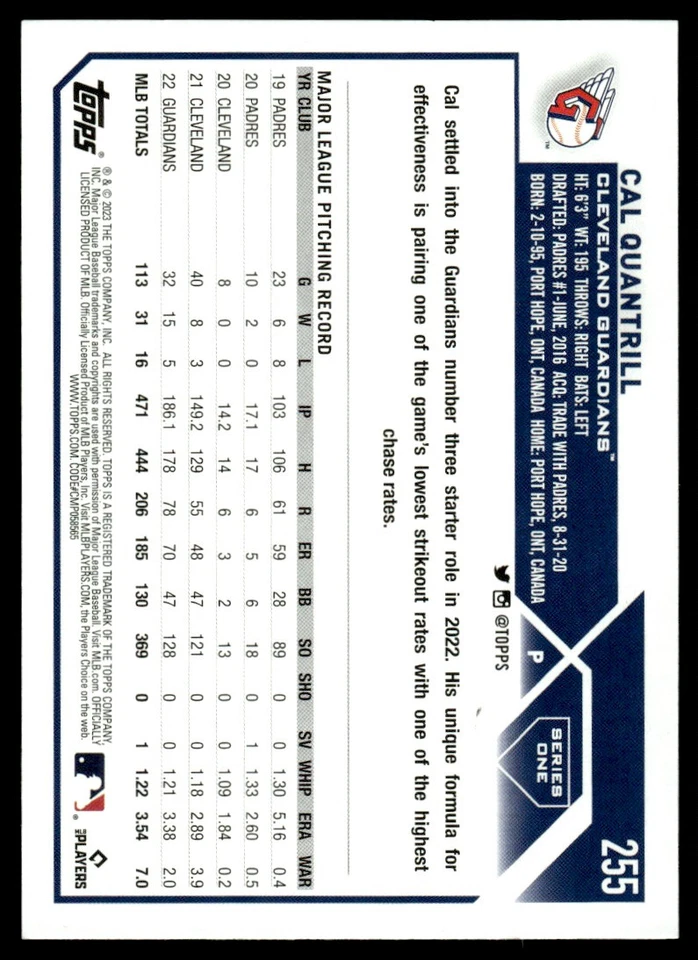 2023 TOPPS SILVER FOIL Cal Quantrill Cleveland Guardians #255 - Image 2 of 2