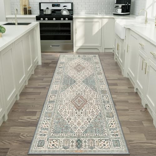 2x6 Hallway Runner Rug, Machine Washable Boho Vintage Runners Non 2X6 Green - Foto 3 di 6