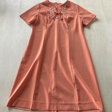 VTG Dress Womens Medium Orange Floral Embroidered Bow V Neck A Line Knee Length