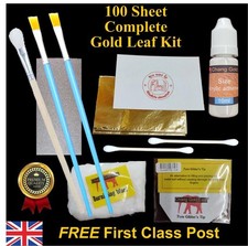 Complete Gold Leaf Kit 100 Sheets Size 7cm Adhesive Brushes Glue Art Gilding Kit
