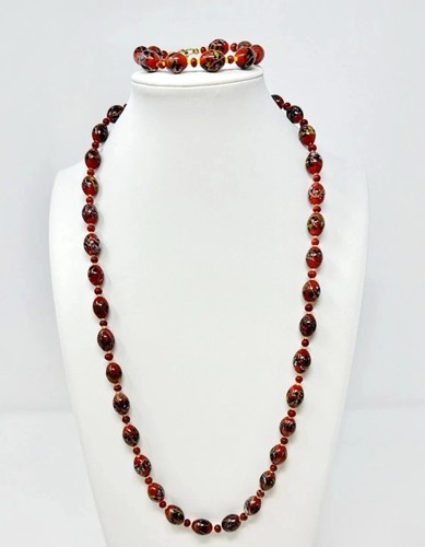 Vintage Venetian Murano art glass 25” necklace Parure Set 7” bracelet Red GF