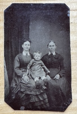 Antique Tin Type Photo - 3 Generations - Child Mother and Grandmother