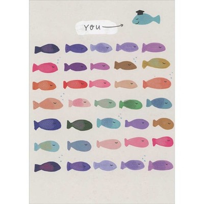 RSVP Smiling Blue Fish Above Seven Rows of Colorful Fish Graduation Card