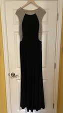 XSCAPE Black Silver Formal Evening Gown with Embellished Shoulders