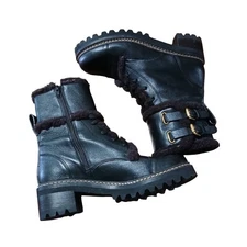 See By Chloe Black Leather Fur Lined Combat Boots Buckle Zip Size 40