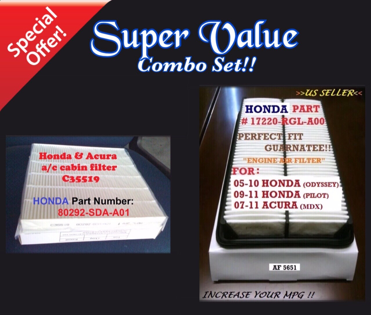 AF5651 & C35519 for Odyssey Pilot MDX HIGH QUALITY ENGINE & CABIN AIR FILTER