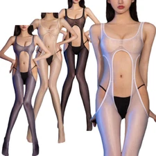 Women's Bodystockings See-Through Hollow Out Glossy Bodysuit Jumpsuit Lingerie