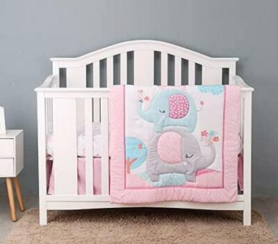 Crib Bedding Set Pink Elephant 3-Piece Baby Nursery Comforter