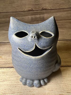 Art Studio Pottery Happy Cat Whimsical Blue Signed  lwb 4x3.5  Pomander