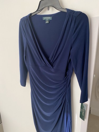 LAUREN Ralph Lauren 8P Stretch Dress V Neck Bodycon Royal Blue Scrunched Knee - Picture 3 of 10
