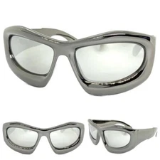 Oversize Biker Sporty Wrap Around SUNGLASSES Large Super Thick Gray Chrome Frame