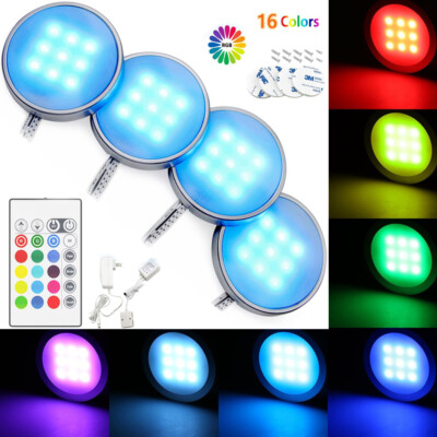 4Pcs RGB LED Under Cabinet Lights Closet Puck Color Changing Counter ...