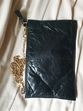 Oasis Women's Black Small Leather Clutch Handbag With Gold Strap Zip Closure 