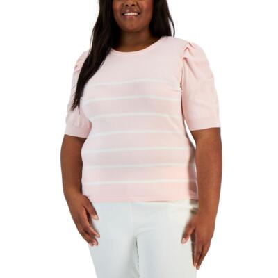 Anne Klein Womens Striped Puff Sleeves Boatneck Pullover Top Plus BHFO 3067