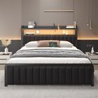 Queen Size Metal Led Bed Frame with Storage Headboard and Bed End Drawer