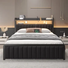 Queen Size Metal LED Bed Frame with Storage Headboard and Bed End Drawer