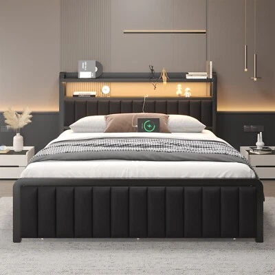 E-MOTIE Queen Size Metal LED Bed Frame with Storage Headboard and Bed End Drawer