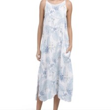 Lungo L arno 100 Linen Sleeveless Midi Dress Floral A-Line Pockets Size M