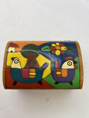 Small Wood Trinket Box Hand Painted With Two Chickens Pre Owned 
