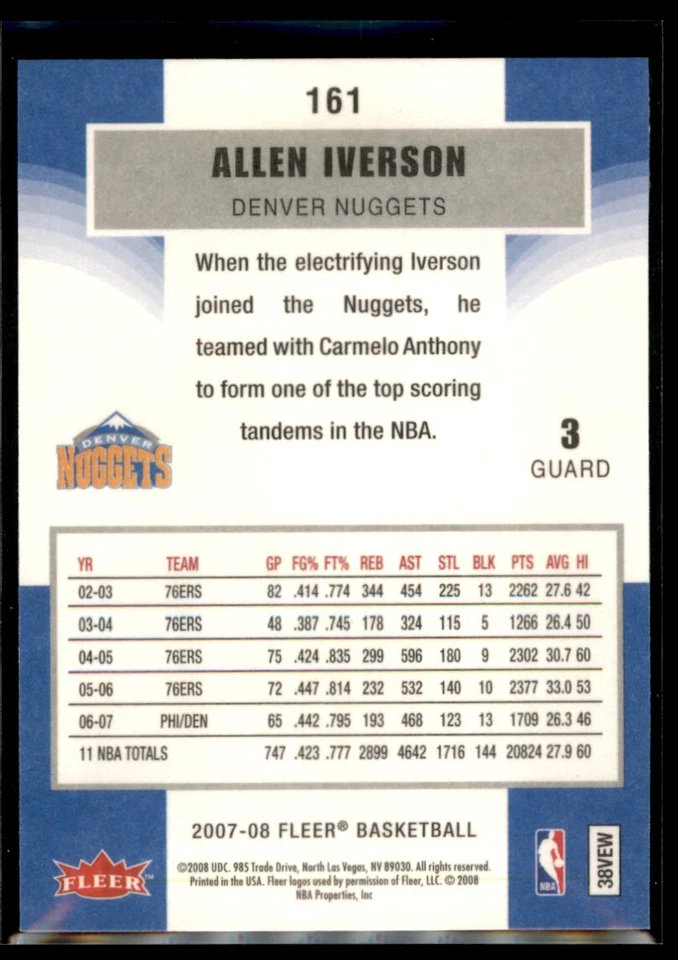 2007-08 Fleer Allen Iverson Denver Nuggets #161 - Image 2 of 2