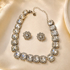 Silver Tone Clear Square Crystal Rhinestone Necklace  Earrings Jewelry Set