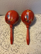 Vintage Hand Painted Red/Multicolor Maracas Made In Mexico