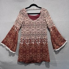 Xhilaration Tunic Dress Womens S Brown Bell Sleeve Paisley Crochet Boho Festival