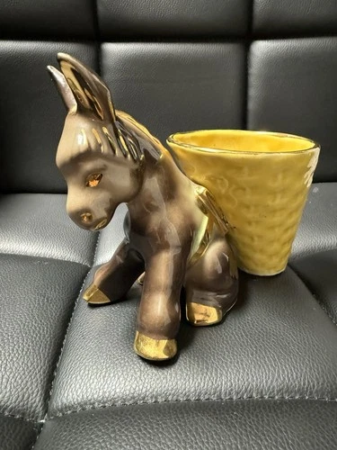 RARE Vintage Shawnee Pottery Donkey Planner W Yellow Basket  Gold Accent 1930s