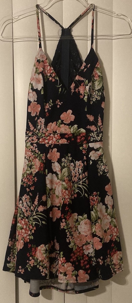 B Smart Floral Navy Blue High Low V Neck Dress Open Back Size 1